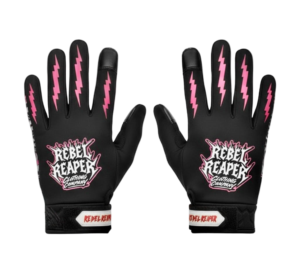 Black gloves with pink lightning bolt designs and 'Rebel Reaper' branding on a white background