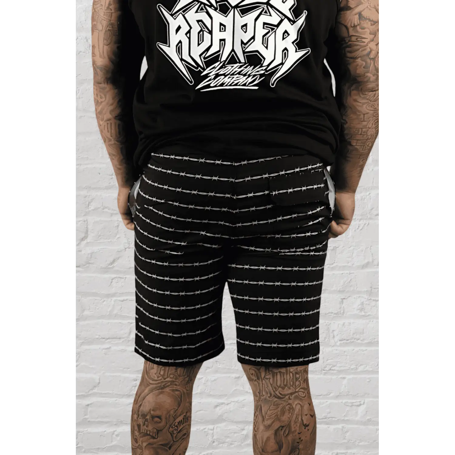 Black Barb Wire Boardshorts with straight leg barb wire pattern, eco-friendly 4-way stretch casual wear