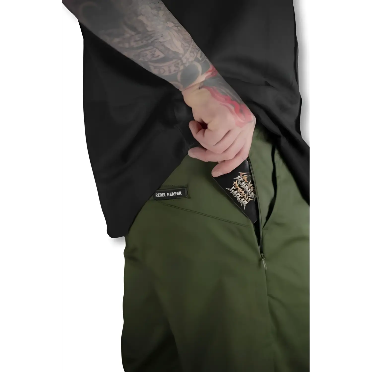 Olive green Chino Pants with zipper pocket featuring rebel reaper and flex-tek stretch waistband