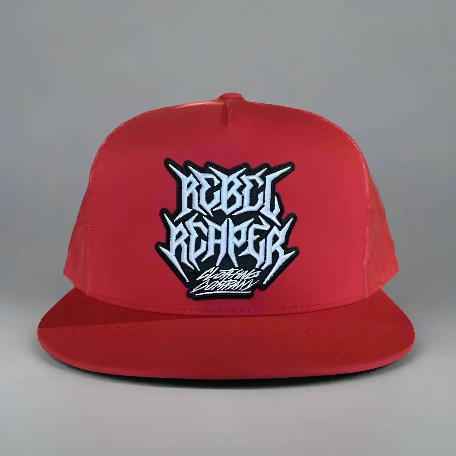 Red Snapback hat with rebel reaper logo patch, stylish red trucker hat