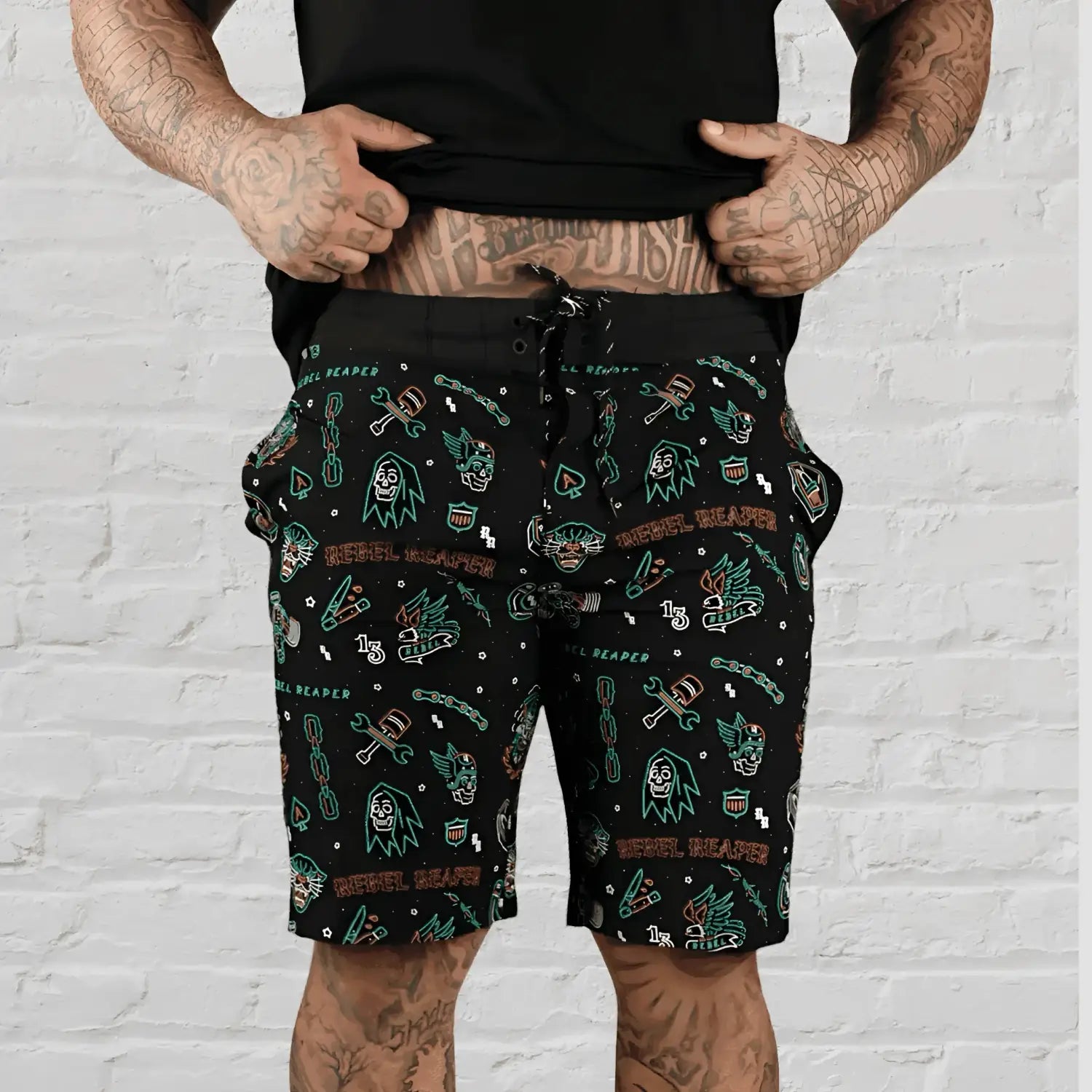 Black patterned shorts from Neon Flash Boardshorts made with recycled polyester and 4-way stretch velcro pockets