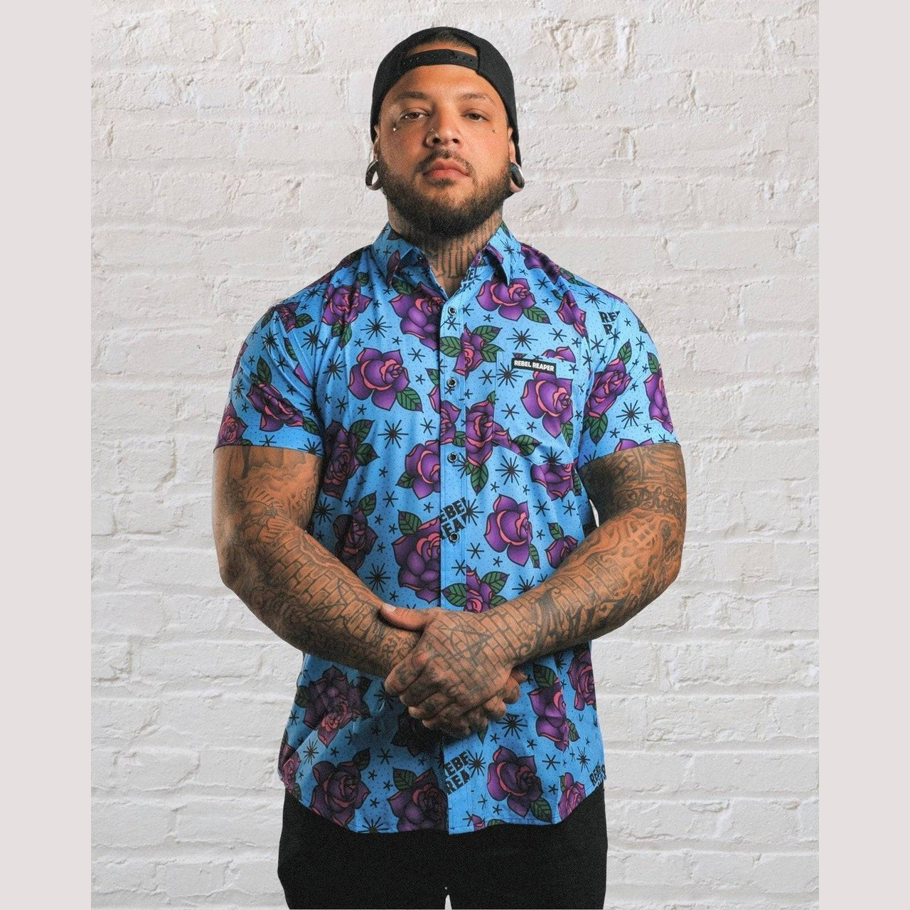 Tattoo Flash Roses | Button Up Shirt | Blue
