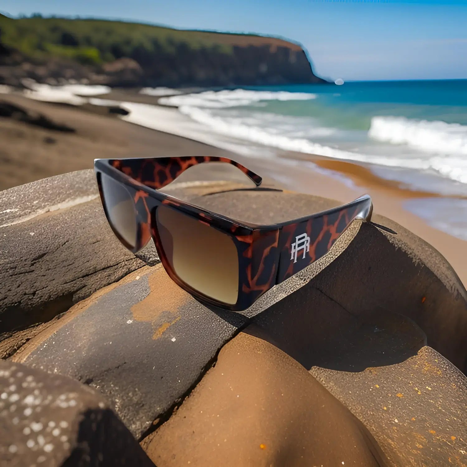Tortoiseshell sunglasses with gradient lenses from Vibe Retro UV400 Sunglass Collection featuring Rebel Reaper Monogram