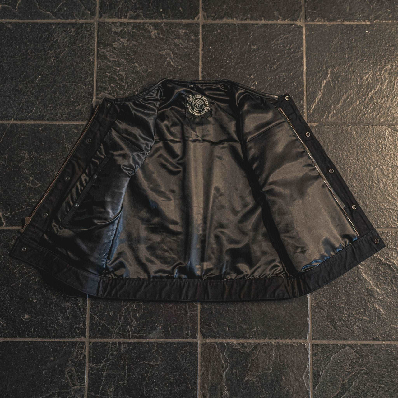 East-wood Collarless Black Leather Mens Vest