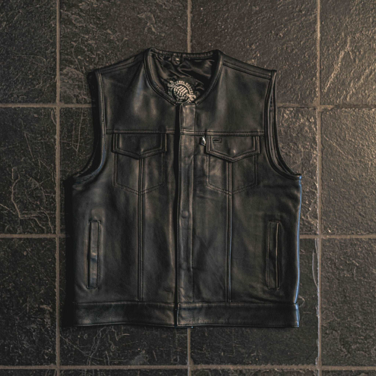 East-wood Collarless Black Leather Mens Vest