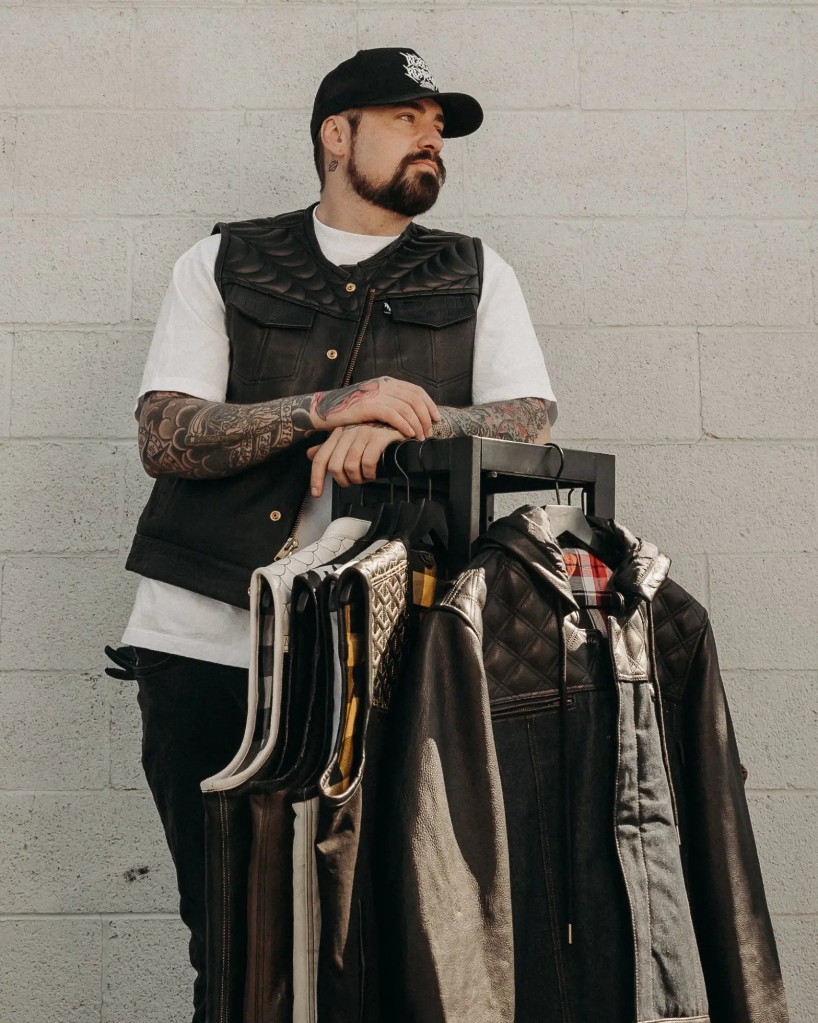 Man in vest with leather jackets from Best Sellers collection showcasing top-selling motorcycle outerwear
