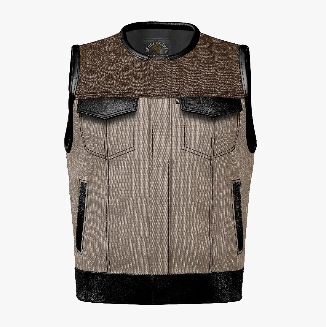Two-tone leather and canvas vest from Custom Vest Builder, perfect motorcycle outerwear
