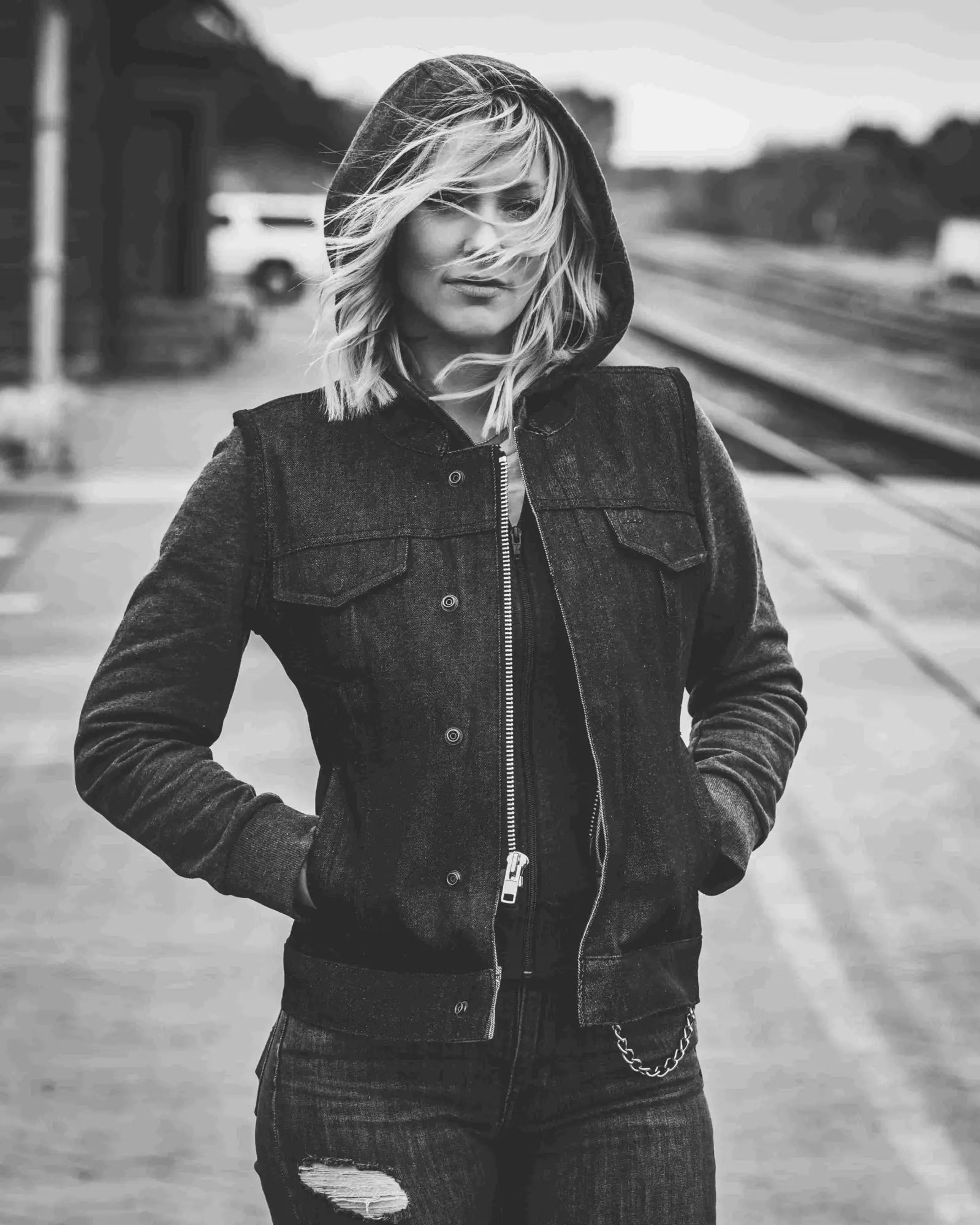 Hooded denim jacket from Womens collection near women’s t shirt and womens flannel