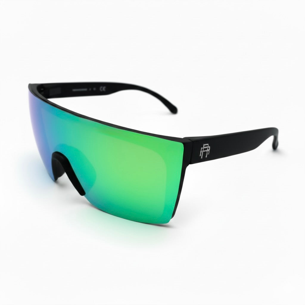 Sunglasses with green reflective lenses and black frames on a white background