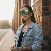 Woman wearing a denim jacket and reflective sunglasses leaning against a brick wall.