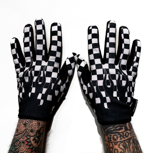 Checkered Flame Moto Gloves | Black / White