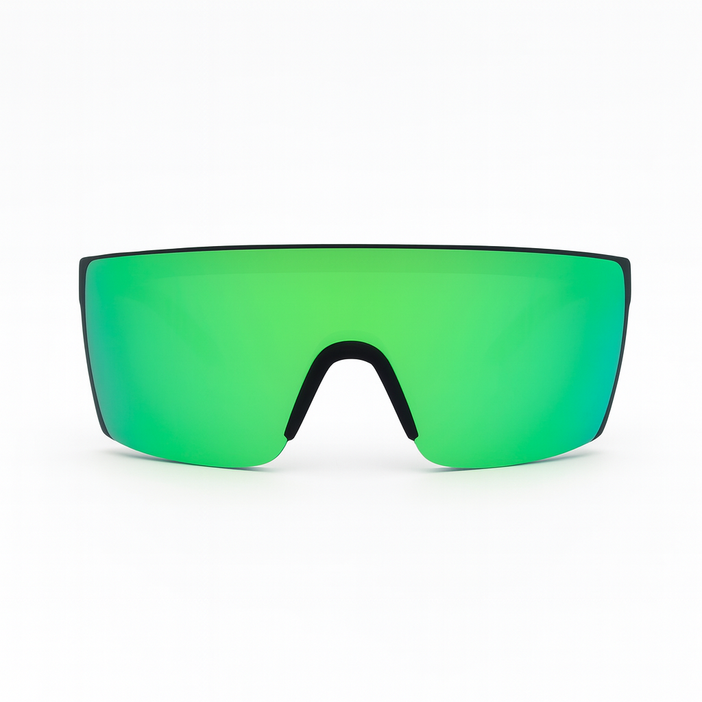 Sunglasses with green lenses and black frames on a white background