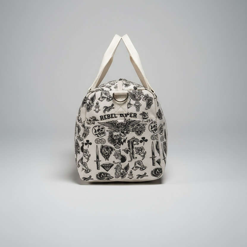 White backpack with black patterns on a gray background