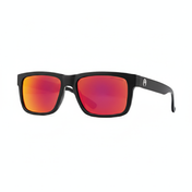 Sunglasses with black frame and red lenses on a white background