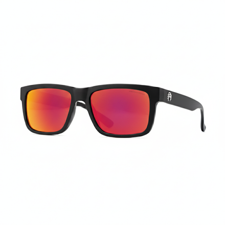 Sunglasses with black frame and red lenses on a white background