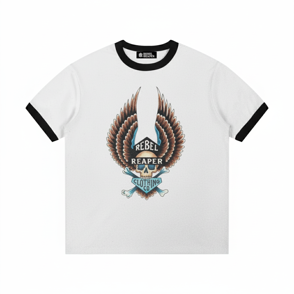 White t-shirt with black ringer sleeves featuring a graphic design of a skull with wings and text on a white background.