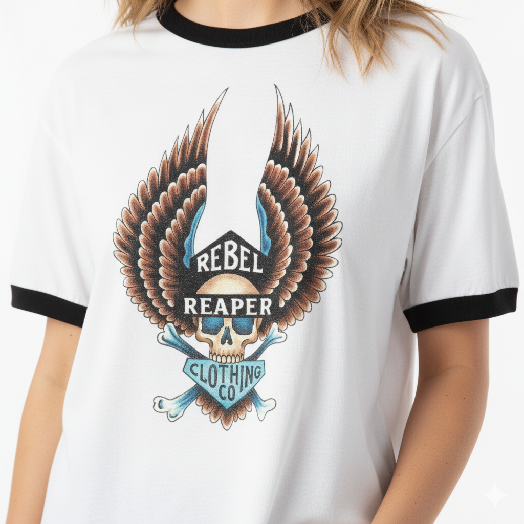 White t-shirt with 'Rebel Reaper Clothing Co' graphic design on a white background