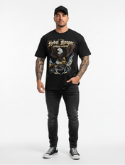 Man wearing a black t-shirt with an eagle graphic and text, standing against a white background