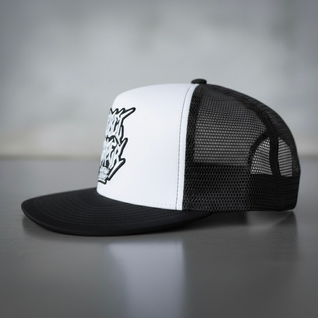 Logo Hat - White & Black (Black Mesh)