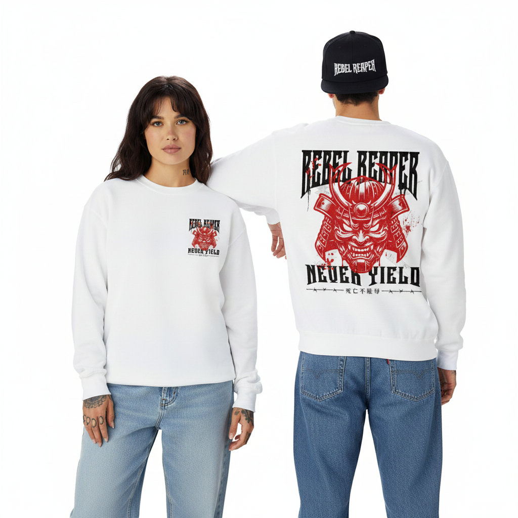 Never Yield Samurai - Drop Shoulder Crewneck Sweatshirt (White)