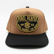 Tan and black cap with 'Rebel Reaper Clothing Company' logo on a white background