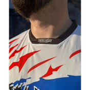 White rebel reaper racing jersey with red and blue accents for fly high and blow past speeds