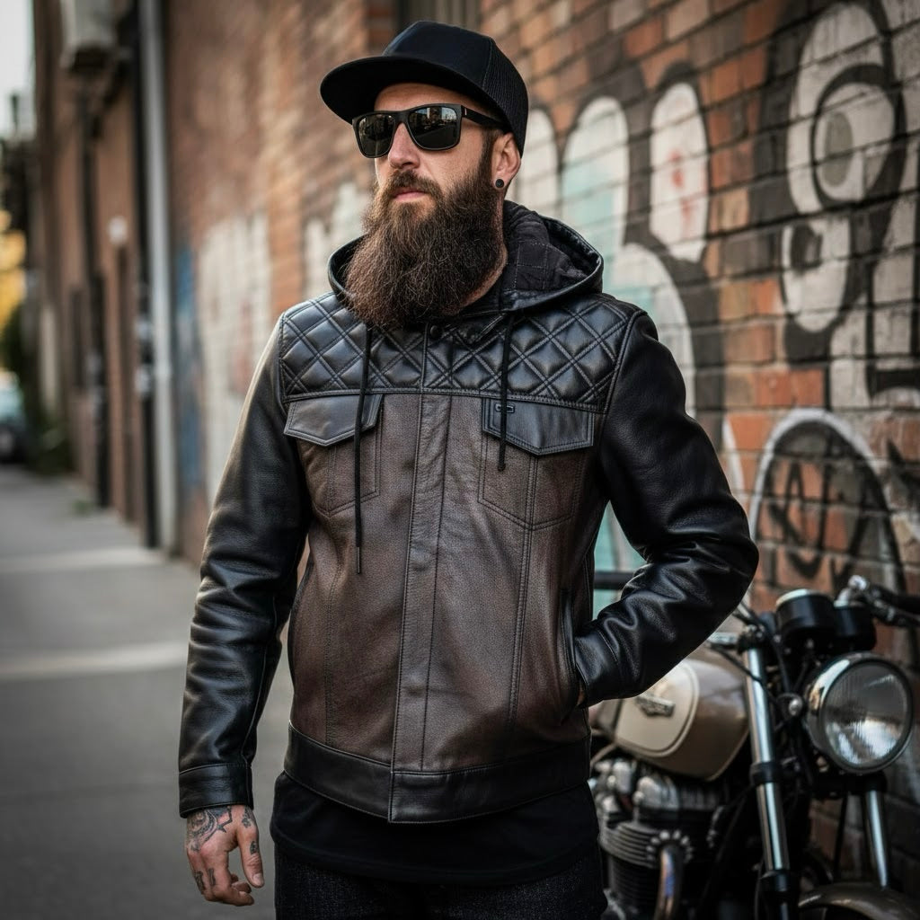 Man wearing a black leather jacket and cap standing in front of a graffiti-covered wall.