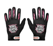 Black gloves with pink lightning bolt designs and 'Rebel Reaper' branding on a white background