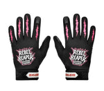 Black gloves with pink lightning bolt designs and 'Rebel Reaper' branding on a white background