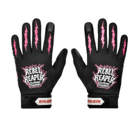 Black gloves with pink lightning bolt designs and 'Rebel Reaper' branding on a white background