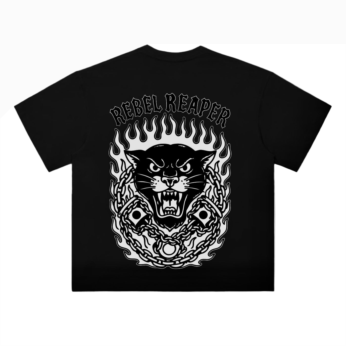 Black t-shirt with a panther graphic and 'Rebel Reaper' text on a light gray background