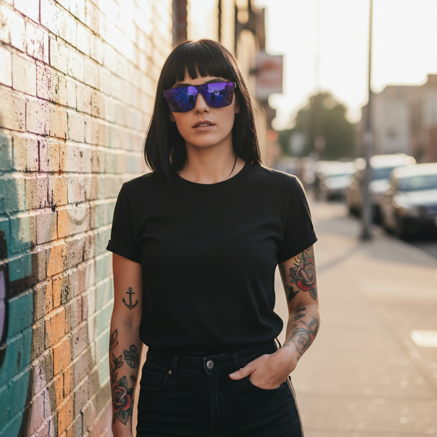 Person wearing a black t-shirt and sunglasses standing against a graffiti-covered wall.