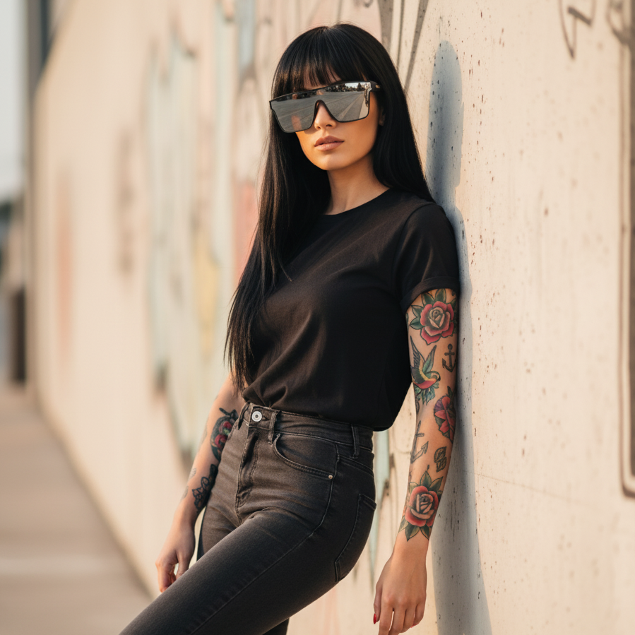 Woman wearing a black top and dark jeans leaning against a wall.