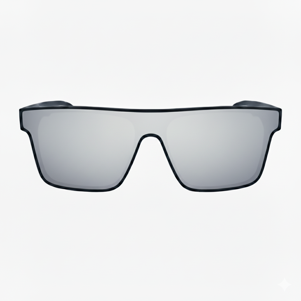 Sunglasses with a black frame and reflective lenses on a white background