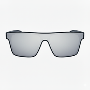Sunglasses with a black frame and reflective lenses on a white background