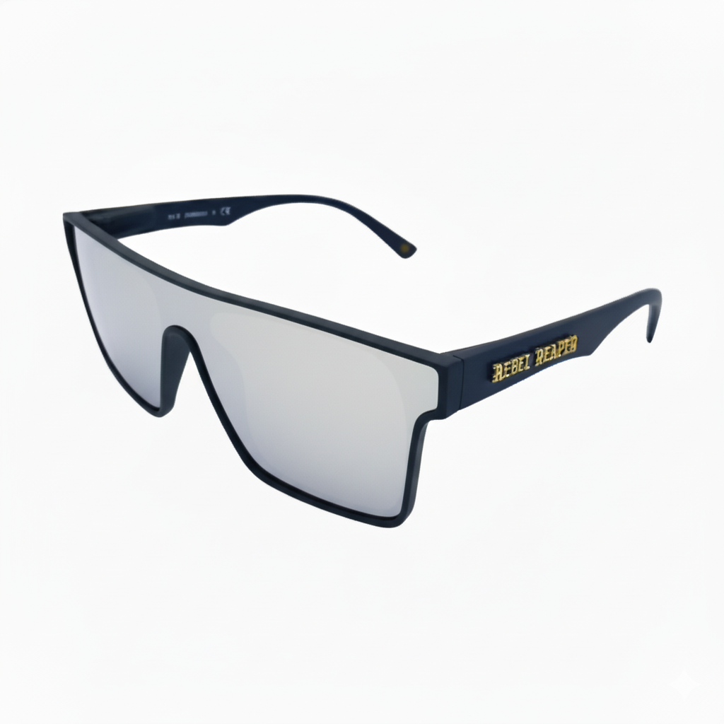 Sunglasses with a blue frame and reflective lenses on a white background