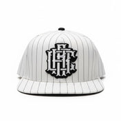 White pinstripe baseball cap with black logo on a white background