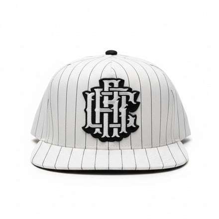 White pinstripe baseball cap with black logo on a white background
