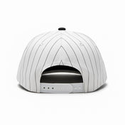 White cap with black pinstripes on a white background