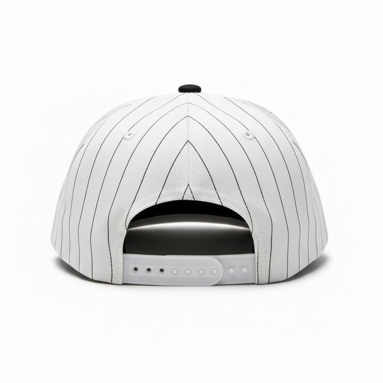 White cap with black pinstripes on a white background