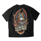 Black t-shirt with a colorful eagle and motorcycle graphic on a white background