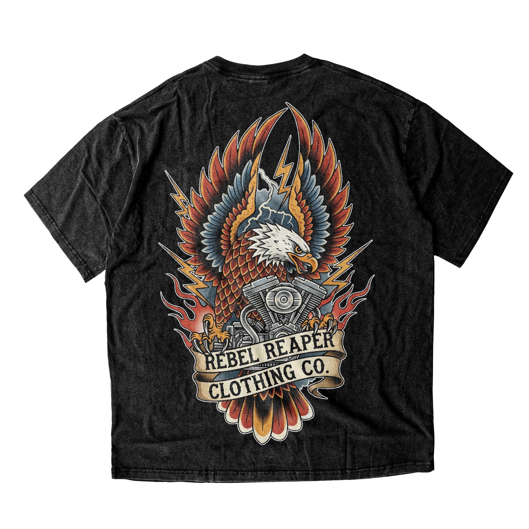 Black t-shirt with a colorful eagle and motorcycle graphic on a white background