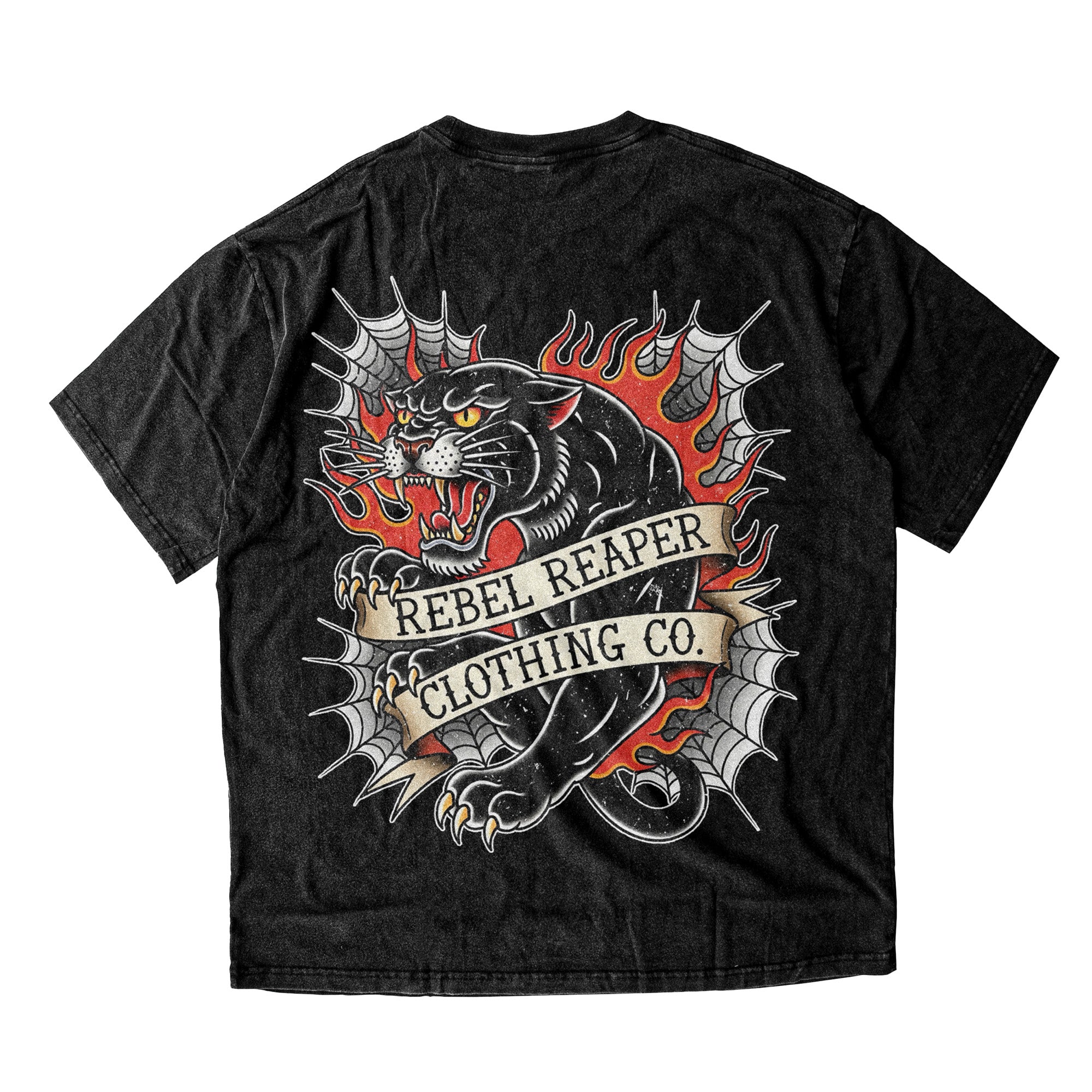 Black t-shirt with a graphic design of a dragon and 'Rebel Reaper Clothing Co' text on a white background