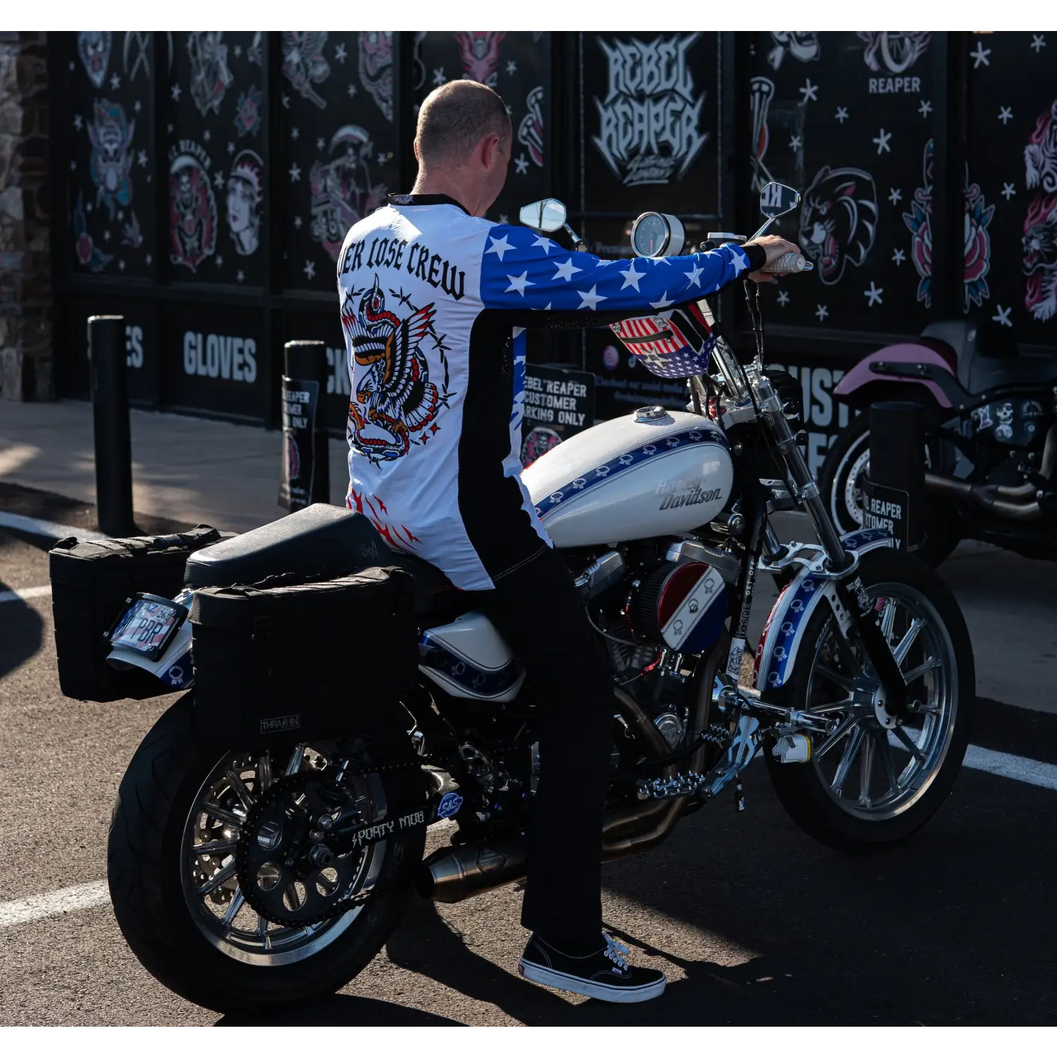 Patriotic motorcycle featuring rebel reaper racing design from REBEL REAPER MOTO/BMX Jersey