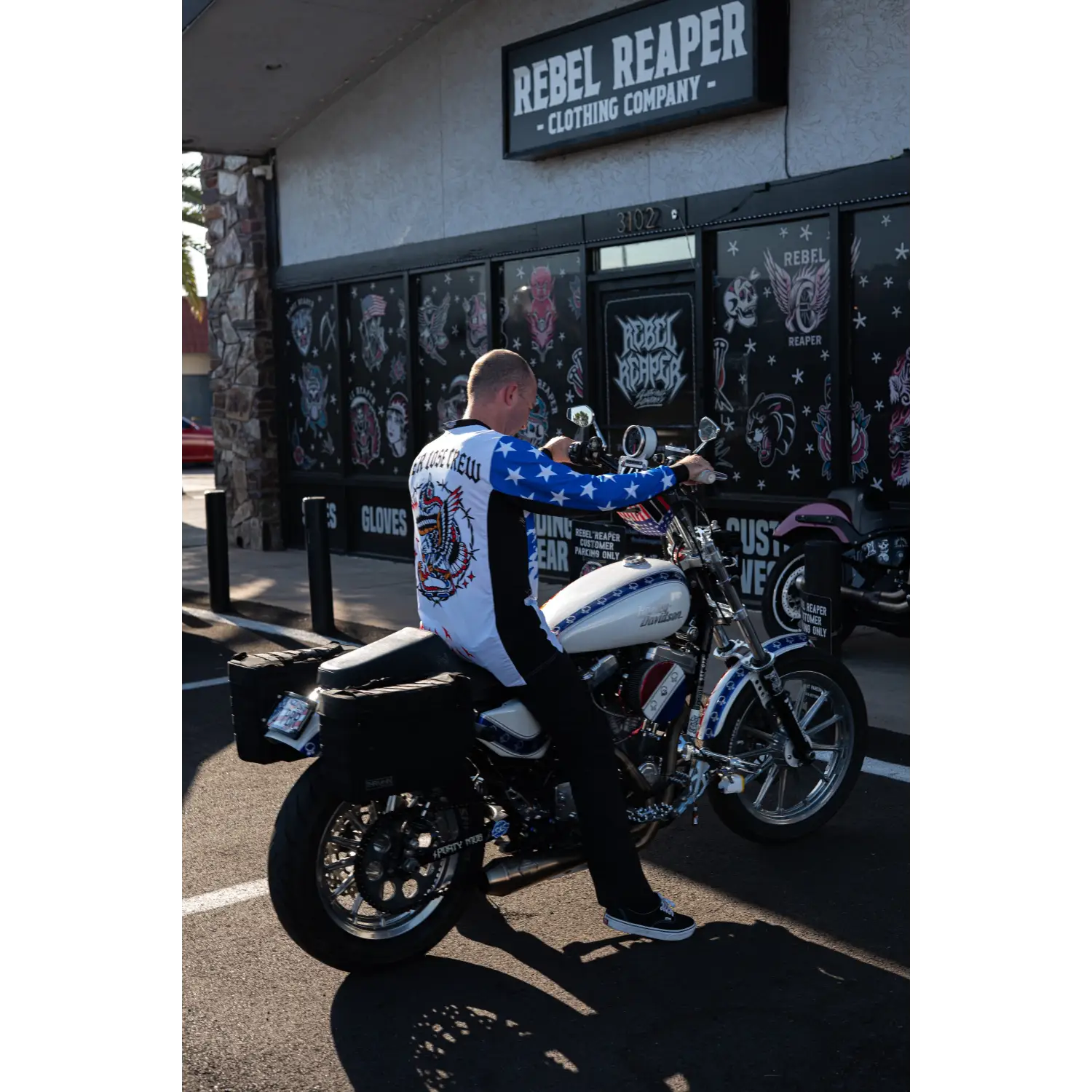 Motorcycle with saddlebags for Rebel Reaper Racing Fly High Blow Past Jersey Design