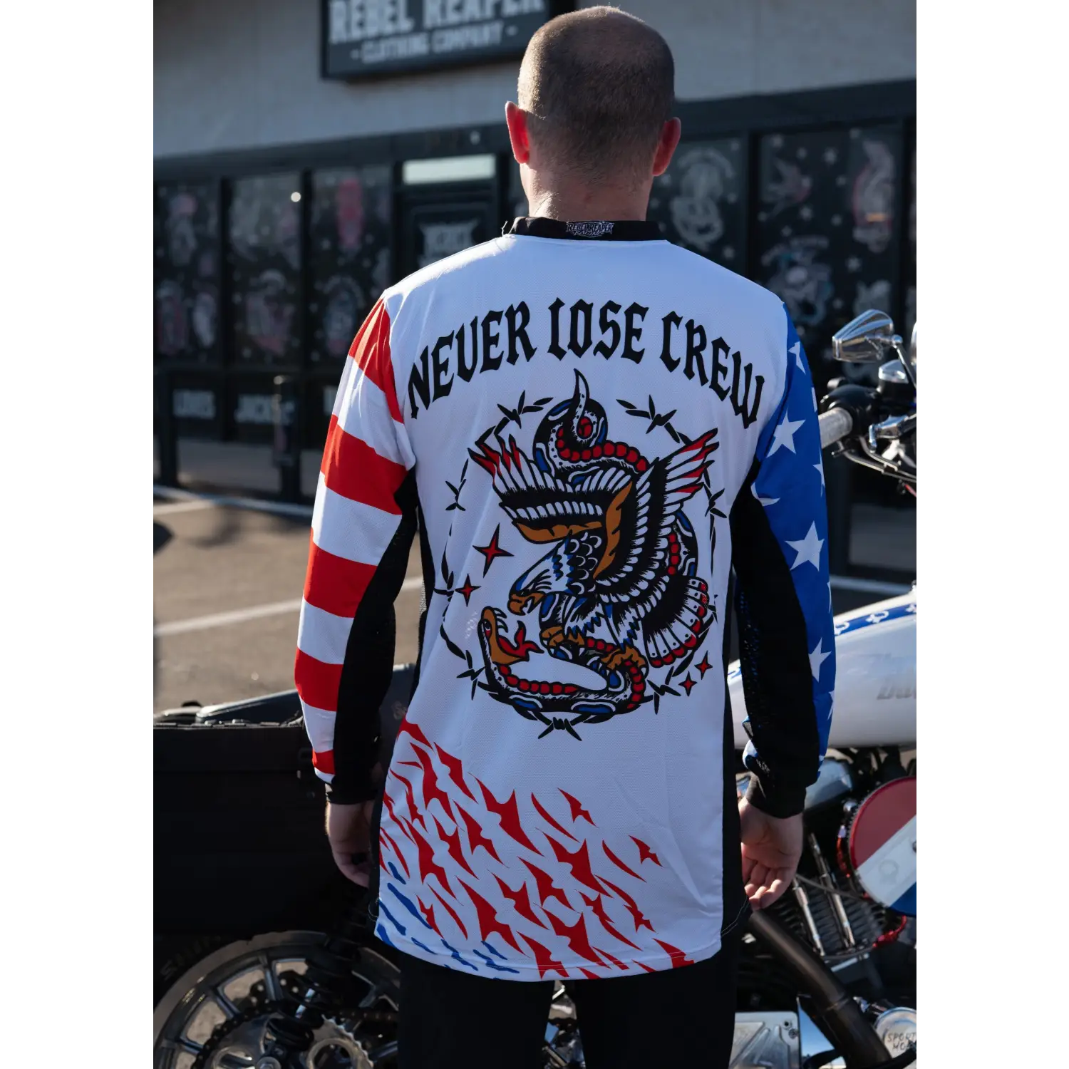 Rebel Reaper Racing long-sleeved jersey with American flag eagle design fly high and blow past