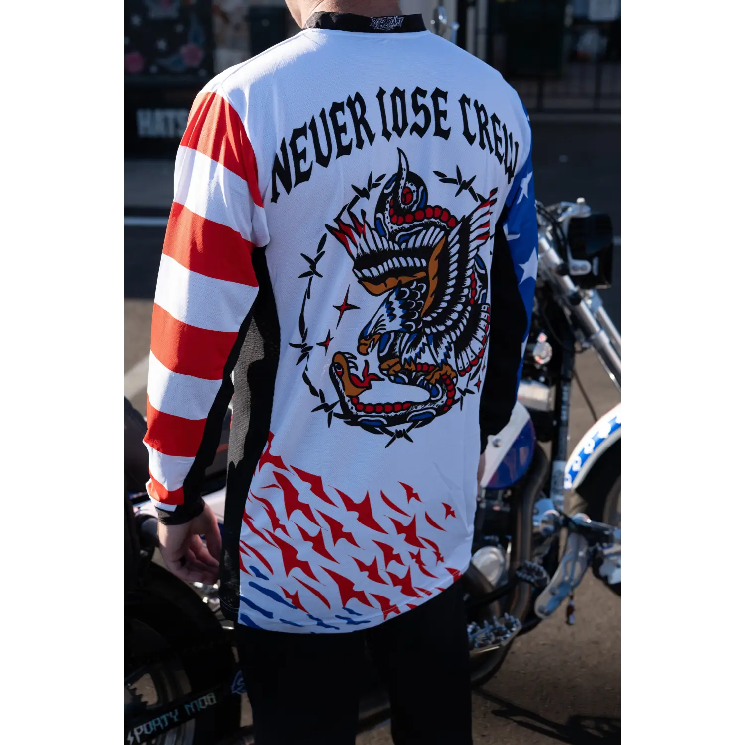 Rebel Reaper Racing long-sleeved jersey with eagle and American flag design fly high