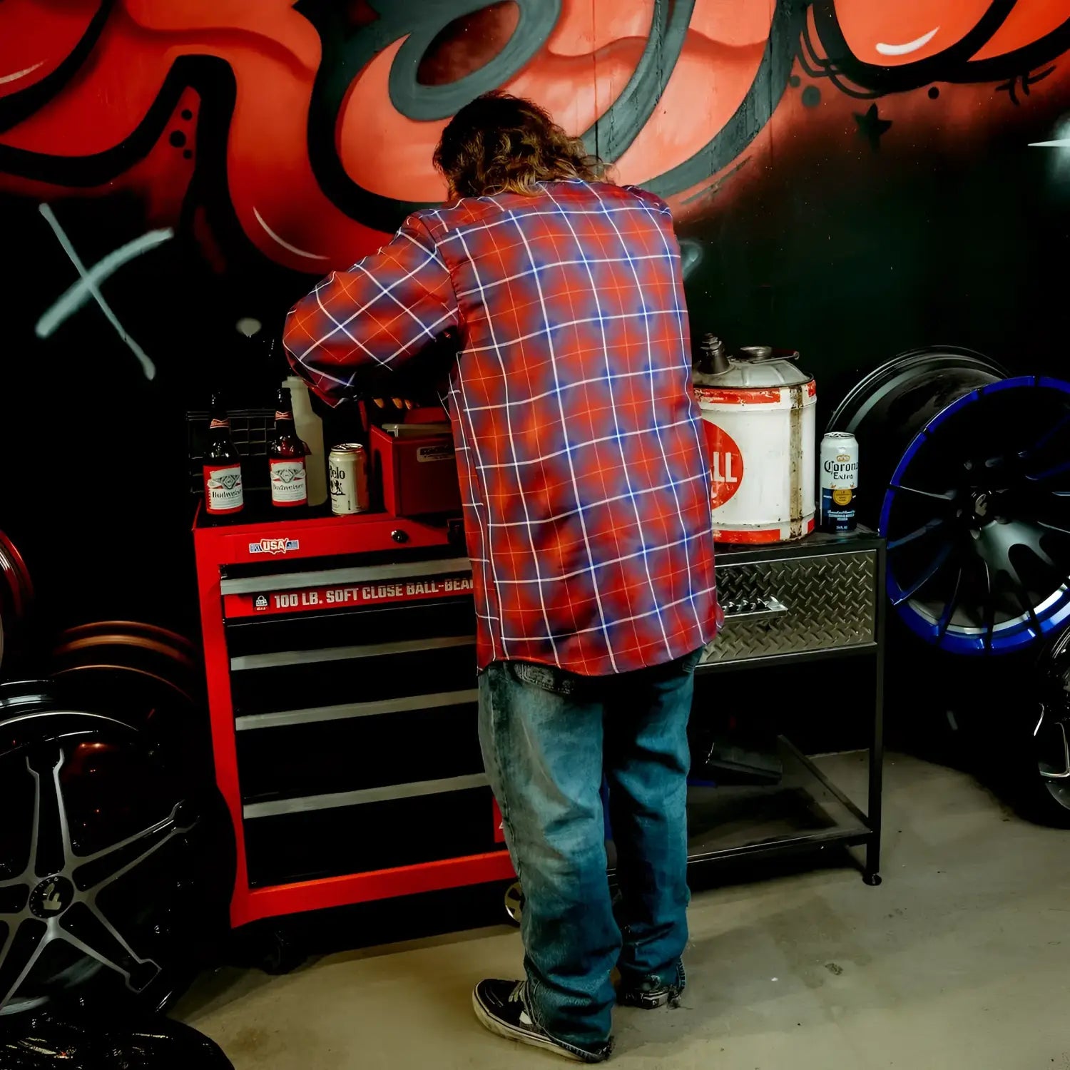 Red and black tool chest image on Anaglyph Mens Flannel with rebel reaper design and premium fabric