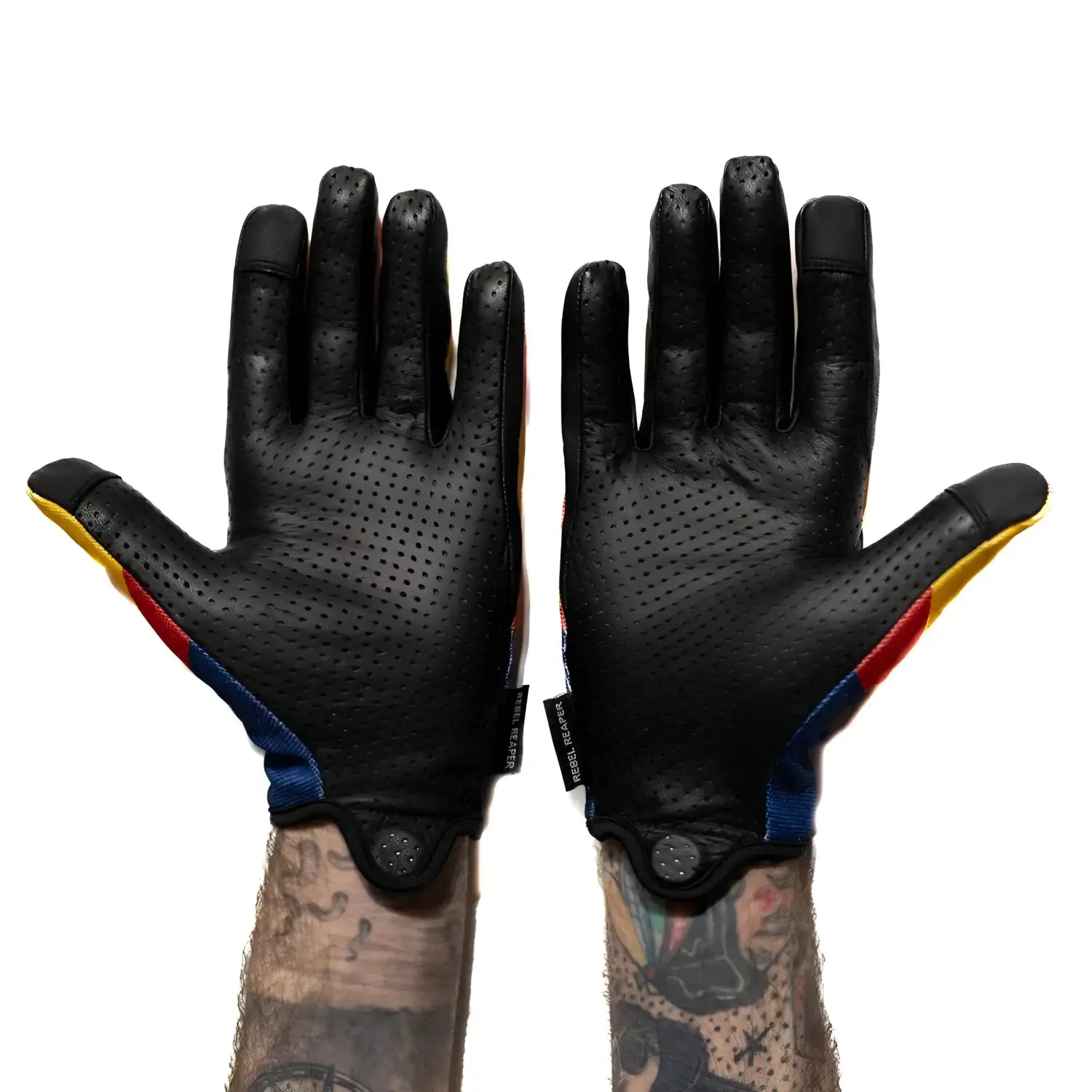 Arizona Flag Moto gloves featuring black leather perforated palms for durability and style