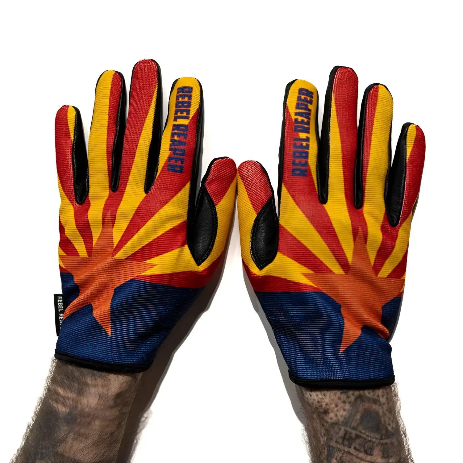 Arizona Flag Moto Gloves with leather palms and heavy-duty tank magnets for durability